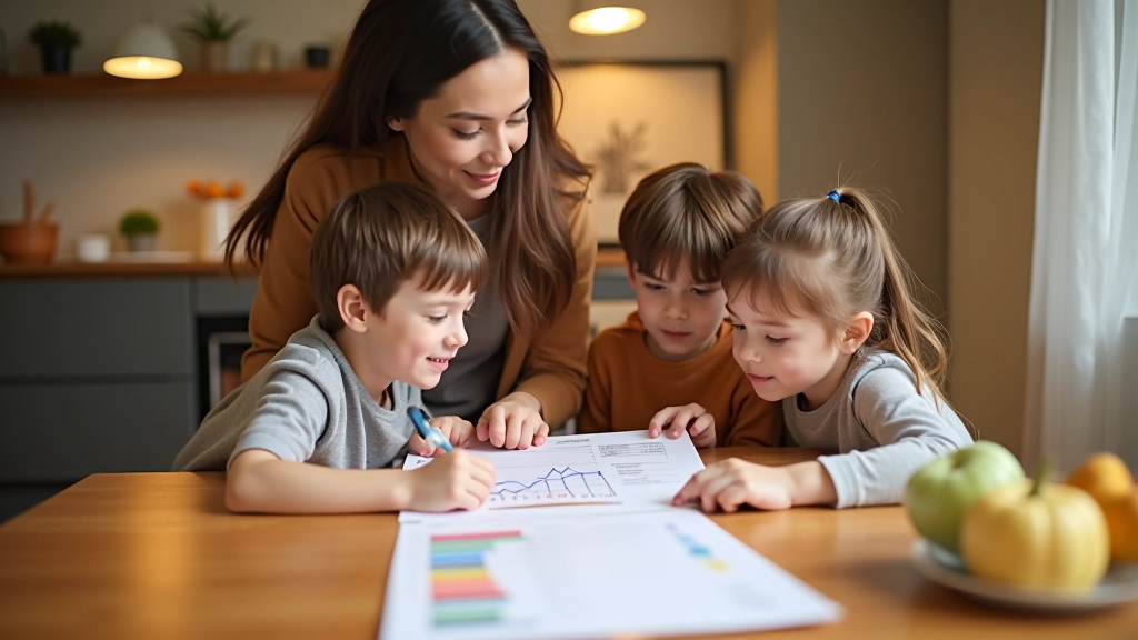 Famille à table regardant ensemble un tableau de budget alimentaire mensuel