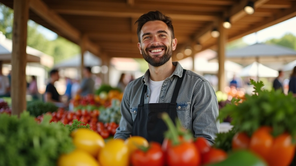 Producteur au marché avec client, discussion autour d'un étal de légumes frais