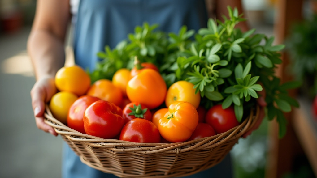 Panier de légumes frais du marché avec tomates, poivrons et herbes aromatiques