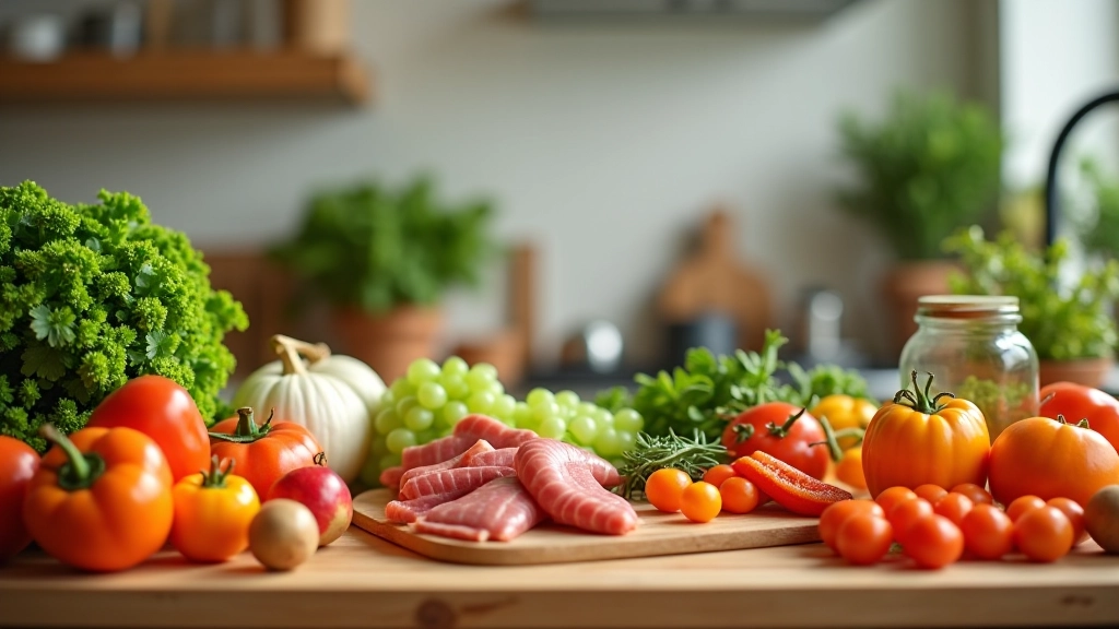Plan de travail de cuisine avec différents ingrédients frais préparés et organisés pour le batch cooking du week-end