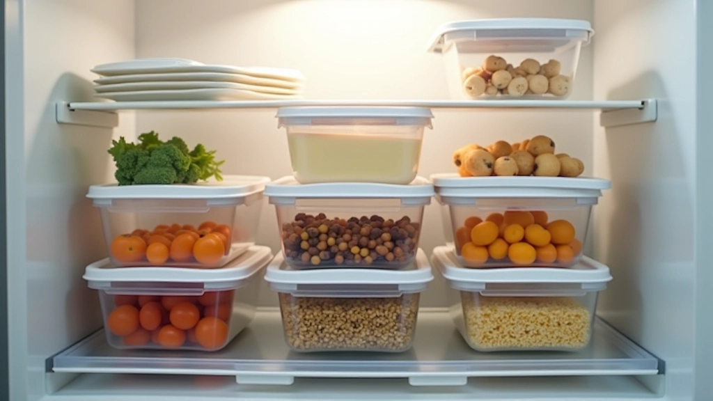 Contenants préparés pour batch cooking empilés dans le réfrigérateur