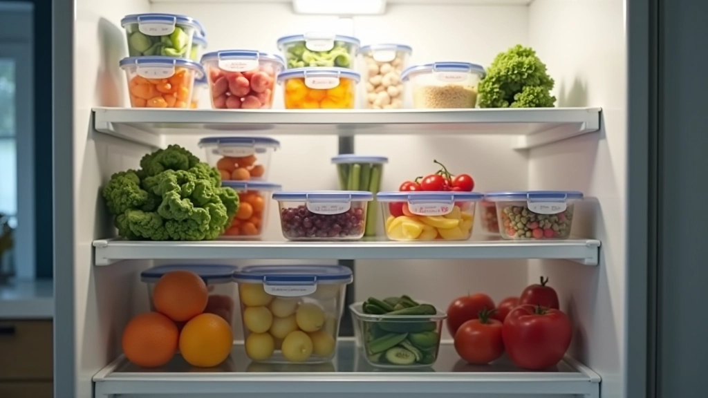 Réfrigérateur bien organisé avec plusieurs contenants étiquetés de repas préparés pour la semaine