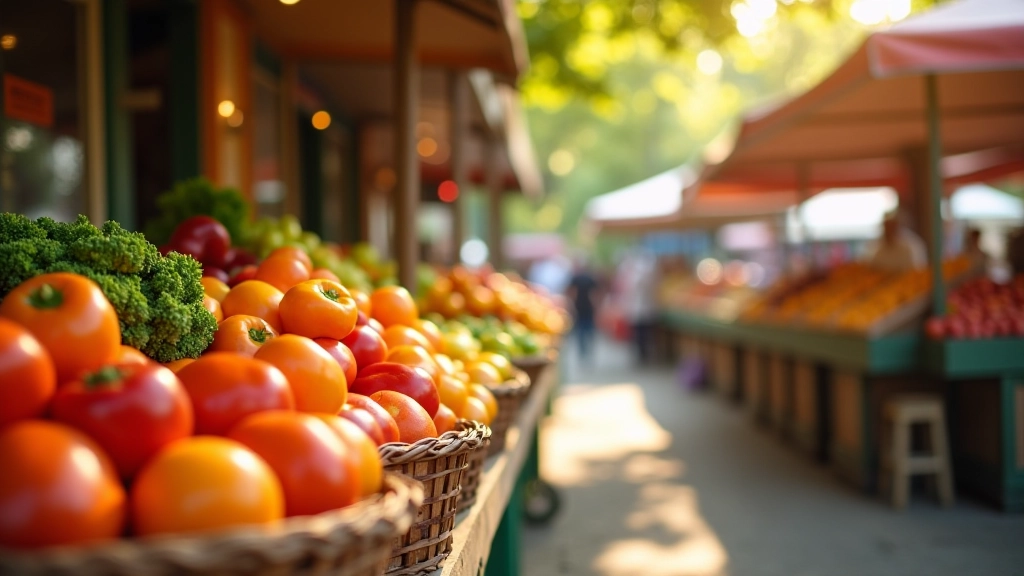 Étal de fruits colorés au marché fermier avec producteur et clients