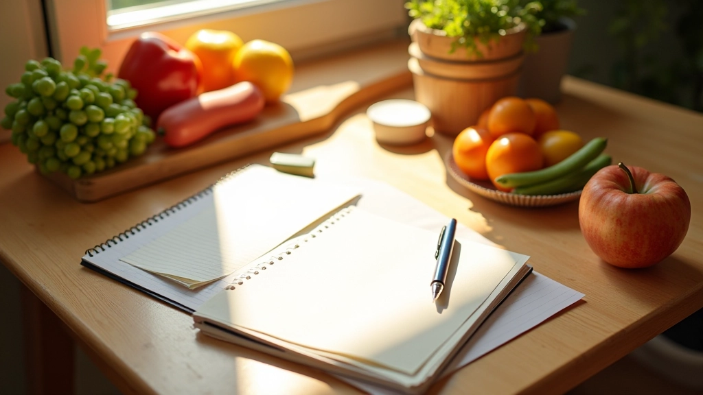 Table de cuisine avec notes, stylo et liste de courses préparée pour la semaine