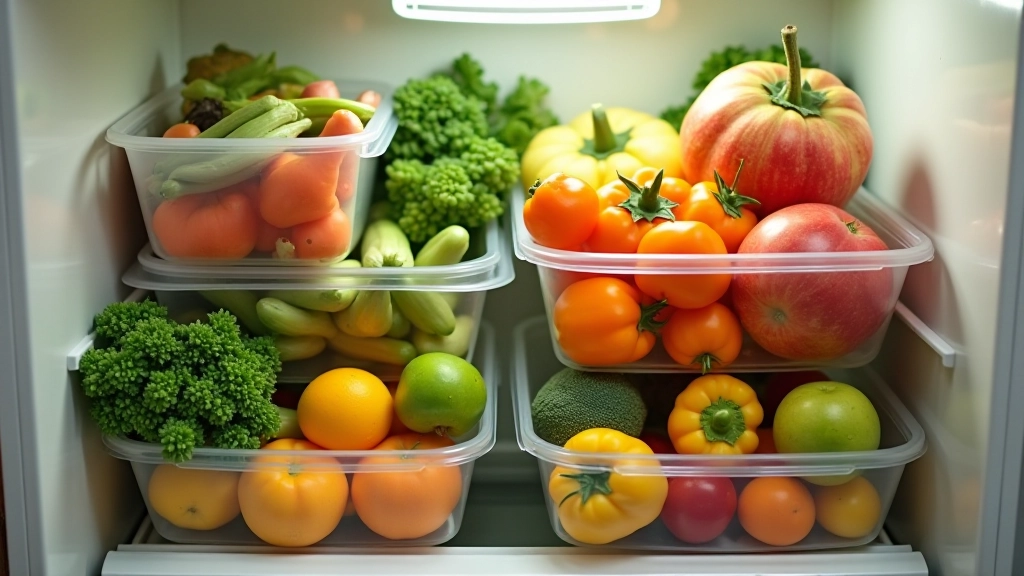 Fruits et légumes organisés dans le réfrigérateur avec contenants hermétiques