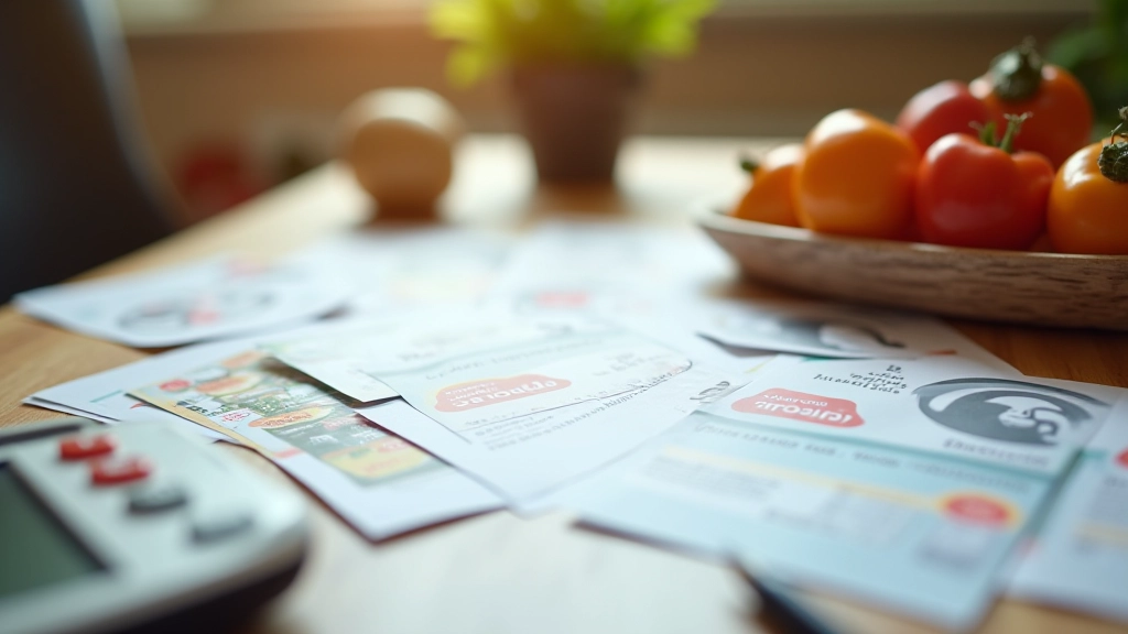Prospectus promotionnels étalés sur une table avec stylo et calculatrice