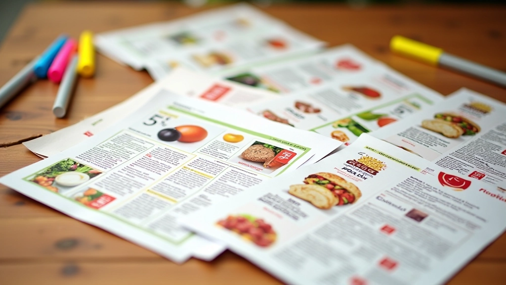 Trois pages d'un prospectus superposées, mettant en évidence les sections de réductions avec des surlignages colorés