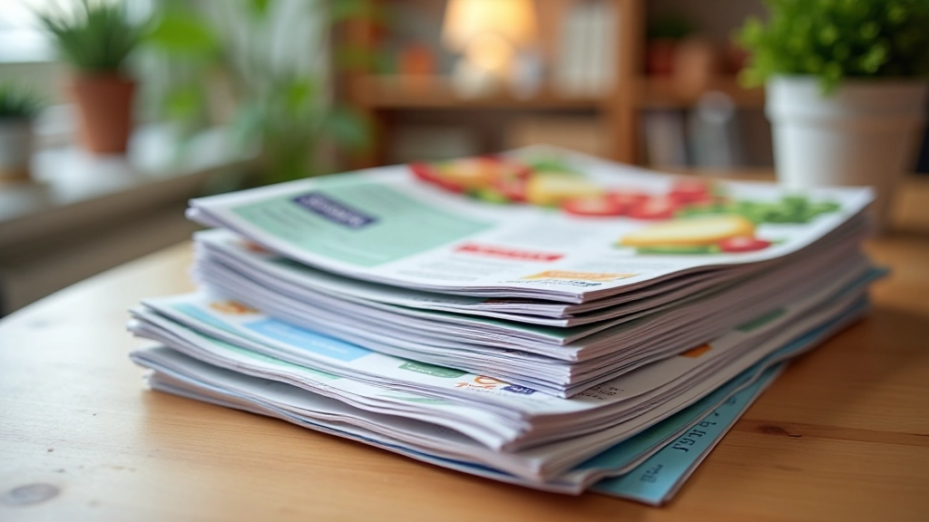 Prospectus et brochures promotionnelles étalées sur une table