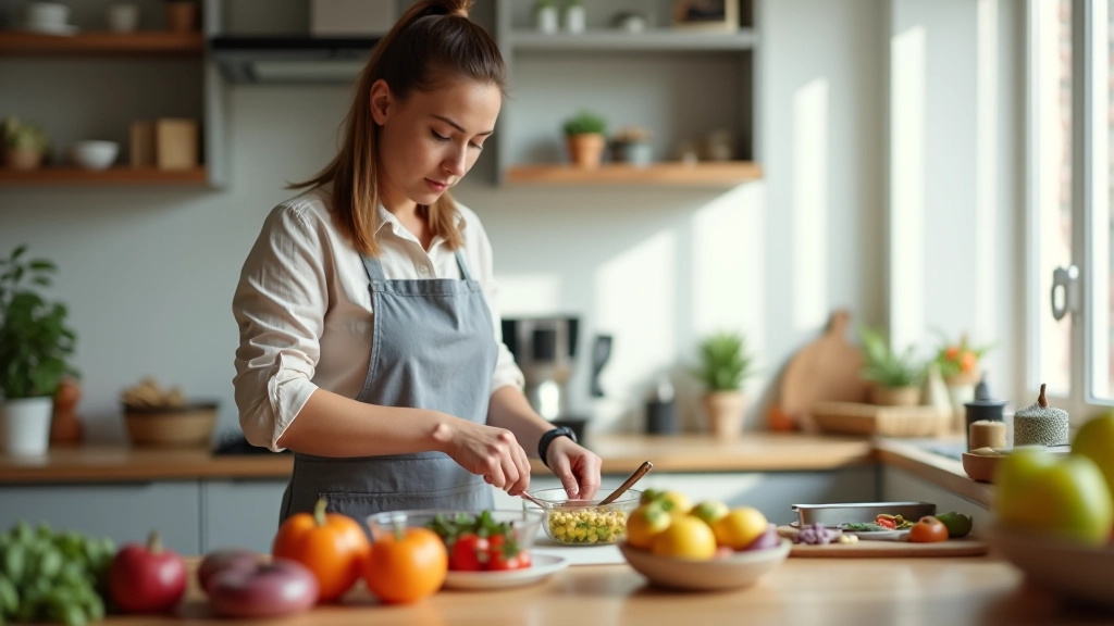 Femme préparant un repas batch cooking dans sa cuisine, en train de mettre des aliments dans des contenants réutilisables