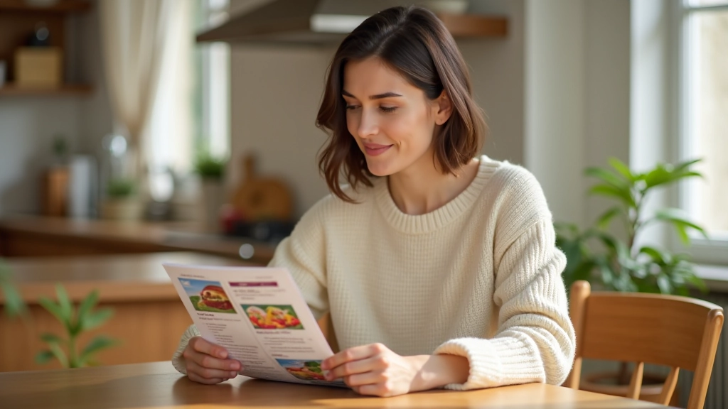 Femme en train de consulter un prospectus promotionnel sur son téléphone dans une cuisine moderne