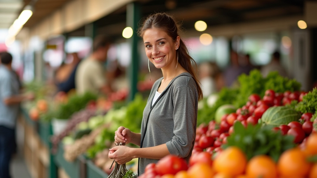 Femme parcourant un marché local avec des légumes frais